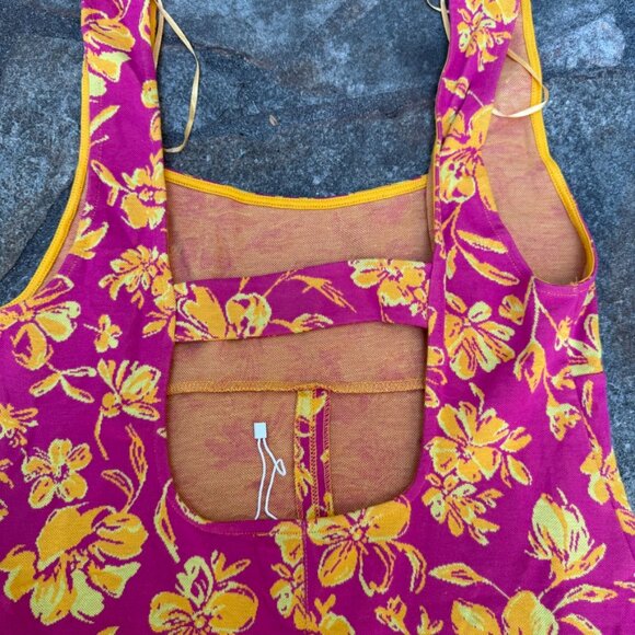 ZARA Floral Mini Dress M Pink Yellow Square Neck Embellished Straps - Picture 6 of 12